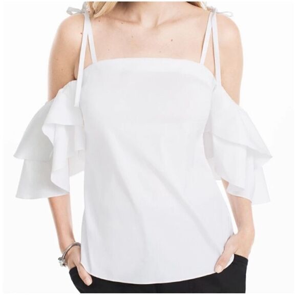 White House Black Market Off the Shoulder White Top Blouse Size 4 Ruffle Sleeves - Picture 1 of 9